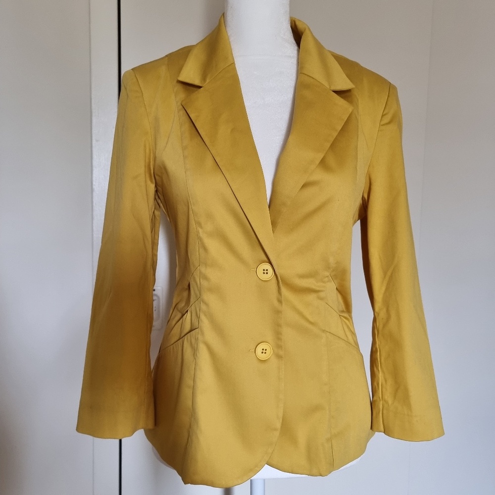 Sz S Yellow Fitted Jacket Blazer Cotton 3/4 sleeve